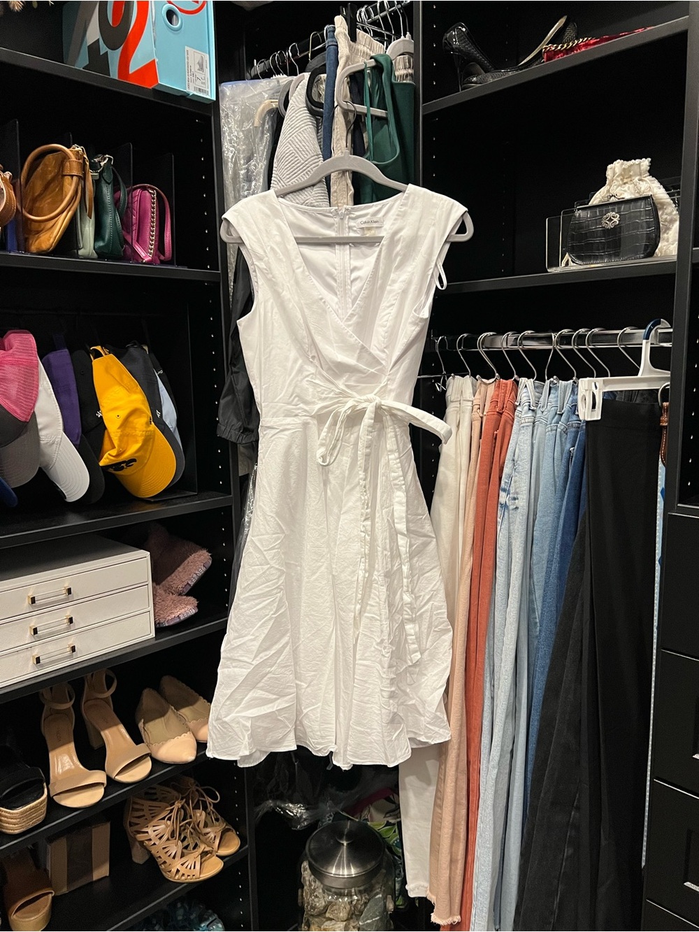 Calvin Klein White V-Neck Tie-Waist Midi Dress